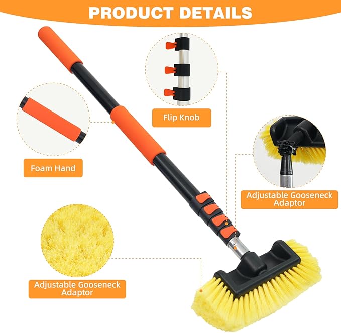 12FT Car Wash Brush with Long Handle Aluminium Telescoping Pole Angle Adapter with 2 Pcs 12" Soft and Hard Bristle Scratch-Free for Cleaning Car Truck RV House Floor Window Roof Solar Panels