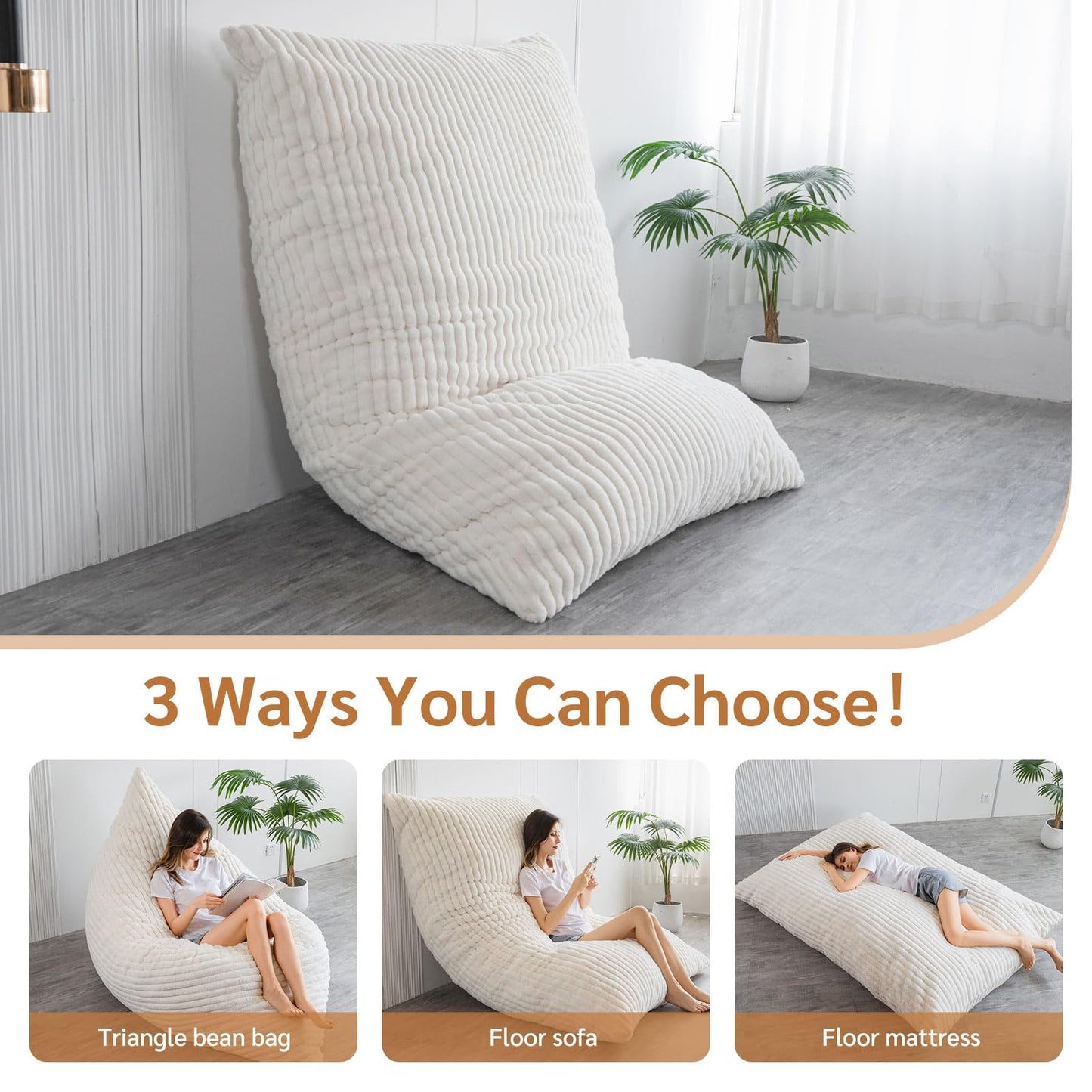 BYBYME 3 in 1 Bean Bag Chairs, Bean Bag Bed for Adults High-Density Foam Filling, Convertible Sofa Bed Faux Fur, Giant Bean Bag Chairs for Adults