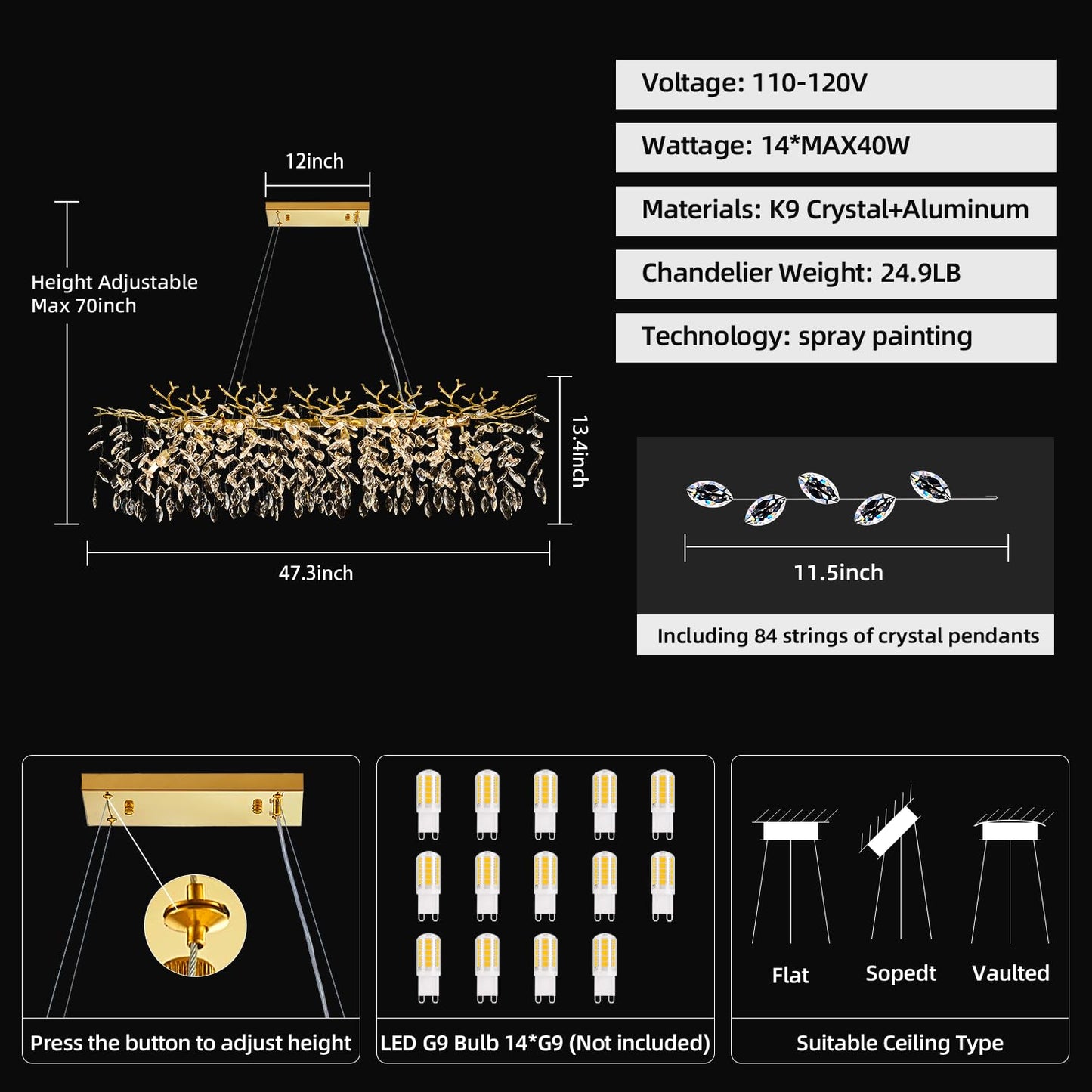 KJLARS Modern Rectangular Chandelier, 47.3" Gold Crystal Tree Branch Chandelier 14 Lights Luxury Raindrop Light for Dining Room, Kitchen Island, Living Room