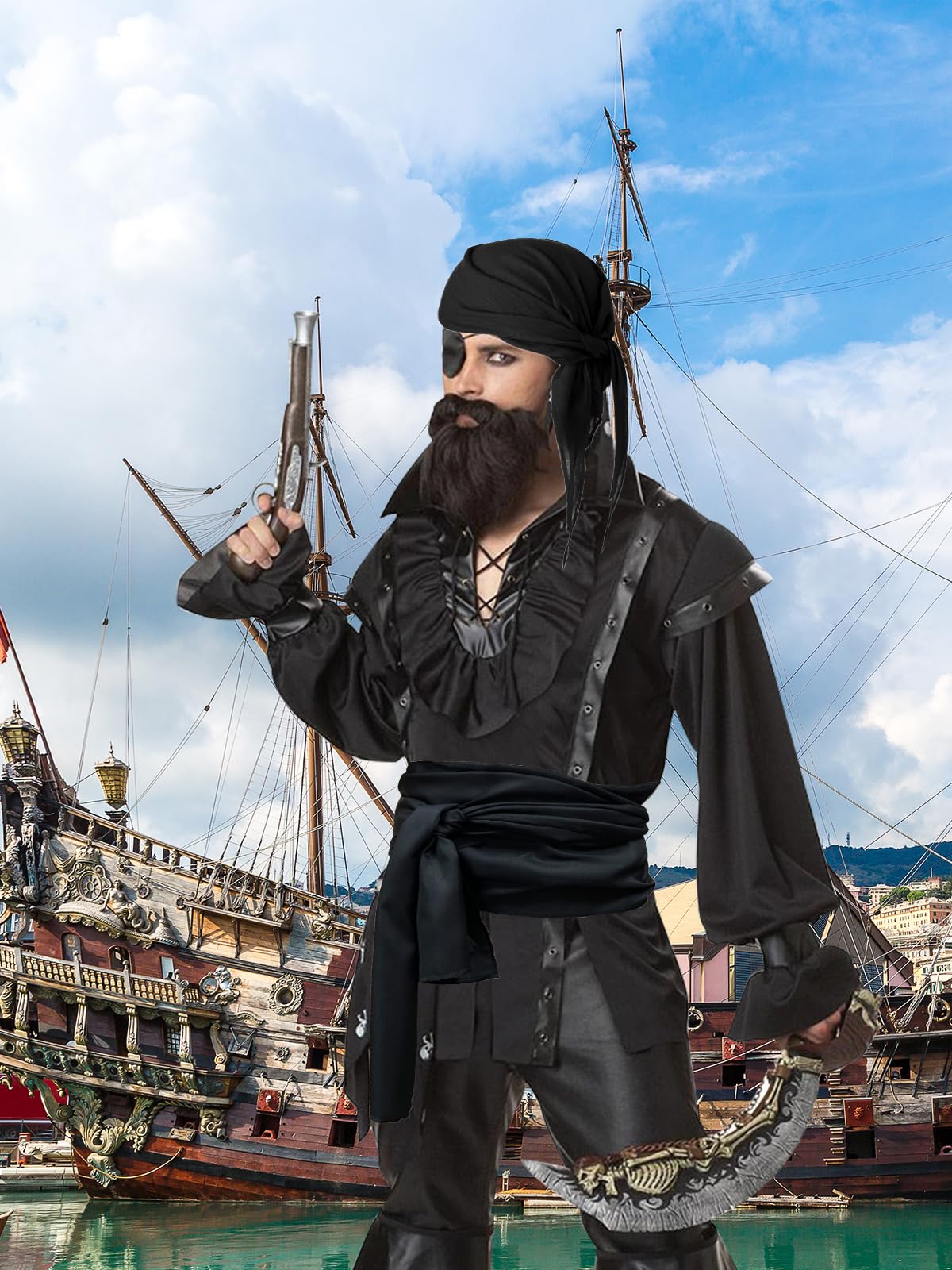 Halloween Pirate Costume Women Men 4 Pcs Pirate Head Scarf Bandana Belt Medieval Renaissance Viking Accessories (Black)