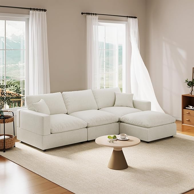 Cloud Couch Modular Sectional Sofa, 95.4" 4-Seater L Shaped Sectional Couches for Living Room, Convertible Cloud Sofa with Ottoman, Down Filled Wide & Deep Seat, Removable Washable Cushion Covers