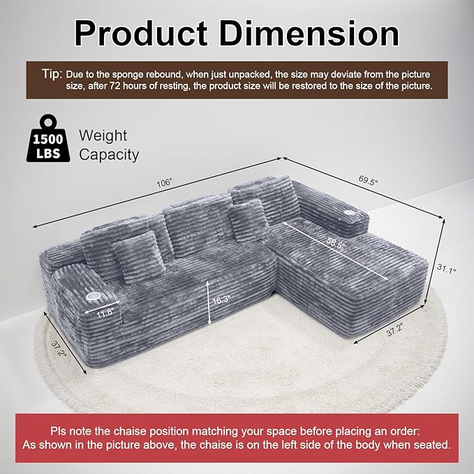 Cloud Sectional Couch with L-Shape Chaise, Modern Modular Sofa with Deep Seat, Built-in Cup Holder & Storage Pocket for Living Room Bedroom, No Assembly Required (Light Grey, Left Sitting Chaise)