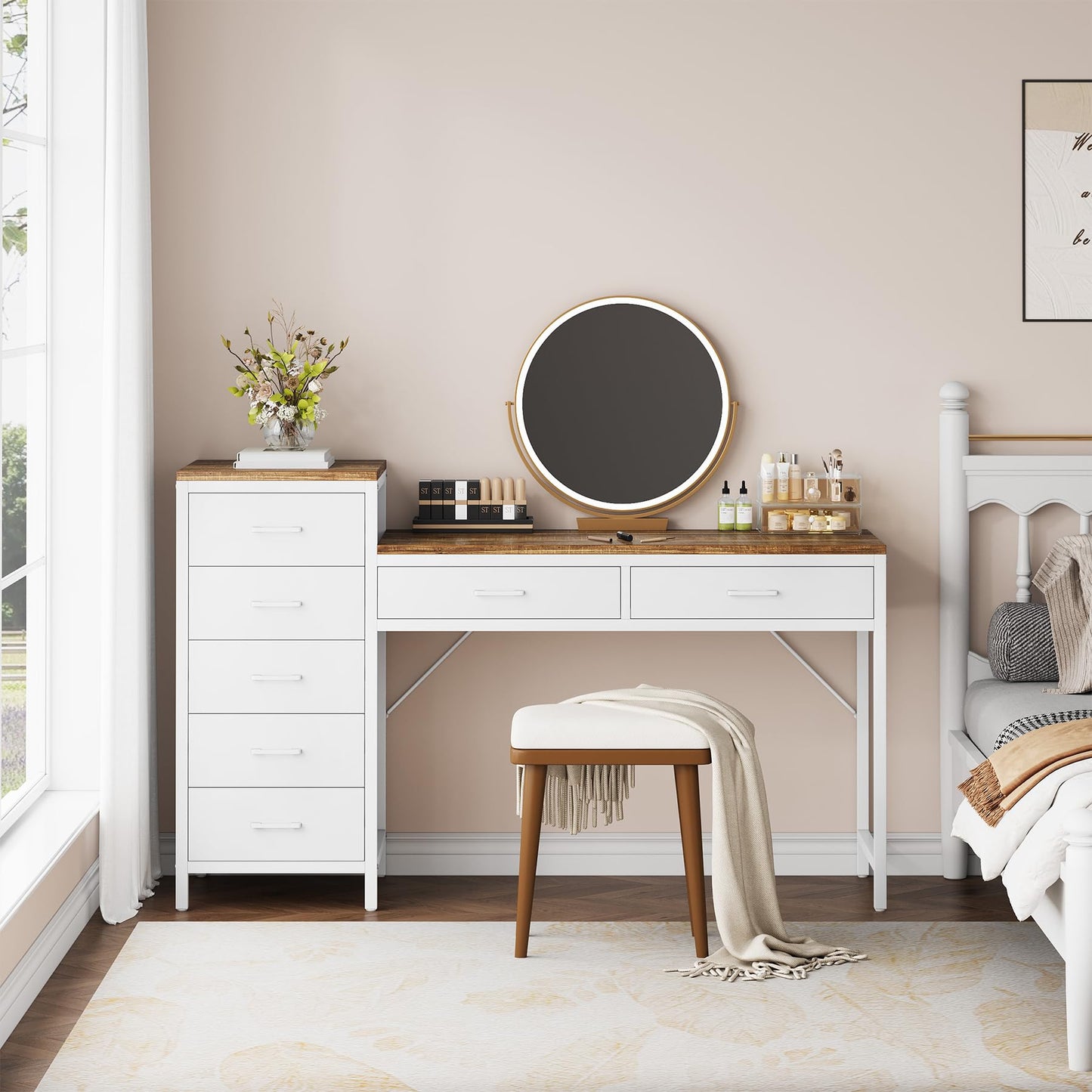 Condemo Vanity Desk with 7 Drawers, 55 inch Makeup Vanity Table with Reversible Drawer for Women, Girls, White and Brown (Without Mirror)