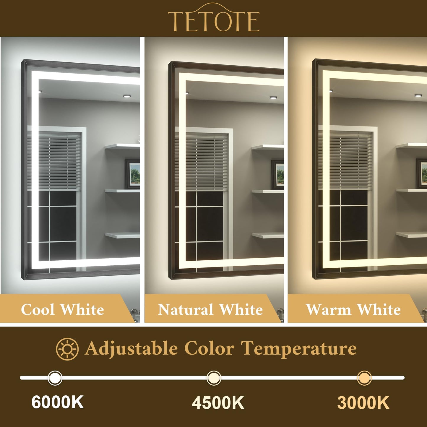 TETOTE 22 x 30 Bathroom LED Mirror Brushed Black Metal Frame Frontlit & Backlit Vanity Mirror Anti-Fog Stepless Dimmable 3 Colors White/Warm/Natural Mirror with Lights Wall-Mounted