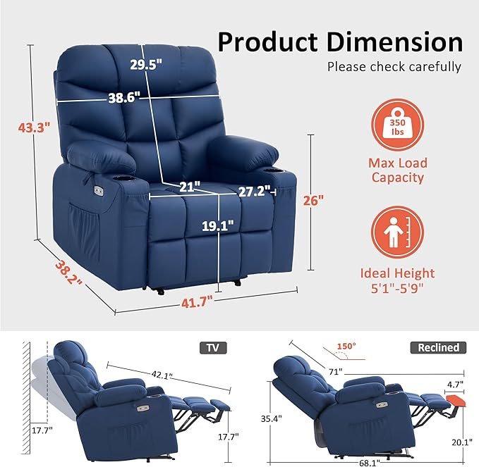 MCombo Oversized Power Lift Recliner Chair with Extended Footrest, Extra Wide 27.2" for Big and Tall Elderly People, Faux Leather R7289 (Navy Blue, Medium-Oversize)