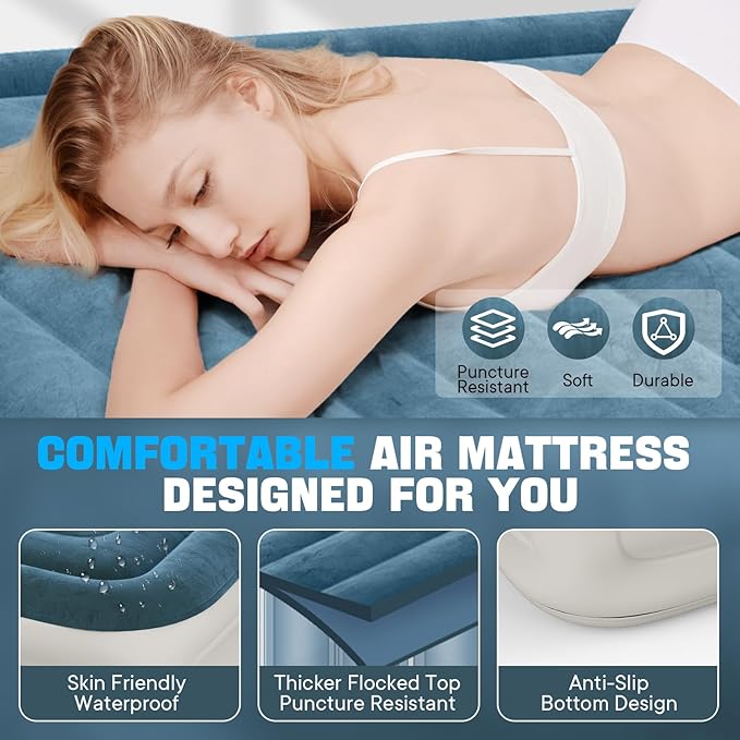 VOSSER Queen Air Mattress with Built-in Pump,18''Fast & Easy Inflation/Deflation Inflatable Mattress, Foldable Blow Up Mattress with Storage Bag, Inflatable Bed for Home, Camping & Guests