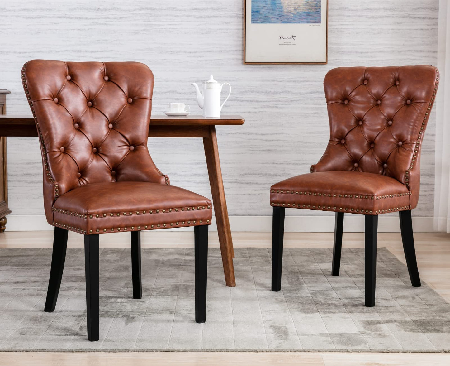 EALSON Modern Dining Chairs Set of 2 Mid Century Leather Dining Room Chairs with Wood Legs Tufted Upholstered Kitchen Side Chairs with Nail Head Trim for Dining Room/Living Room, Brown with Ring