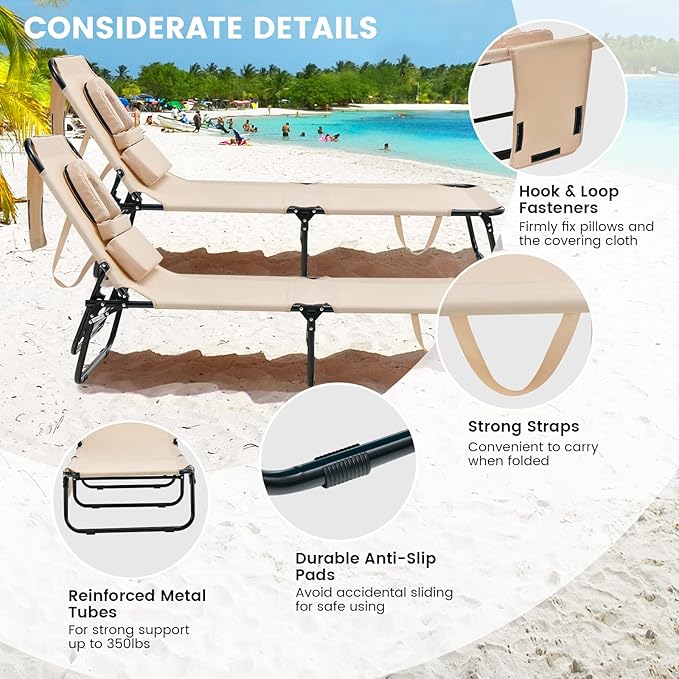 GYMAX Tanning Chair, 350lbs Beach Lounge Chair with Face Hole, Washable Pillow & Carry Strap, Adjustable Folding Chaise Lounge, Layout Lounger for Outside, Patio, Poolside, Lawn (1, Beige)