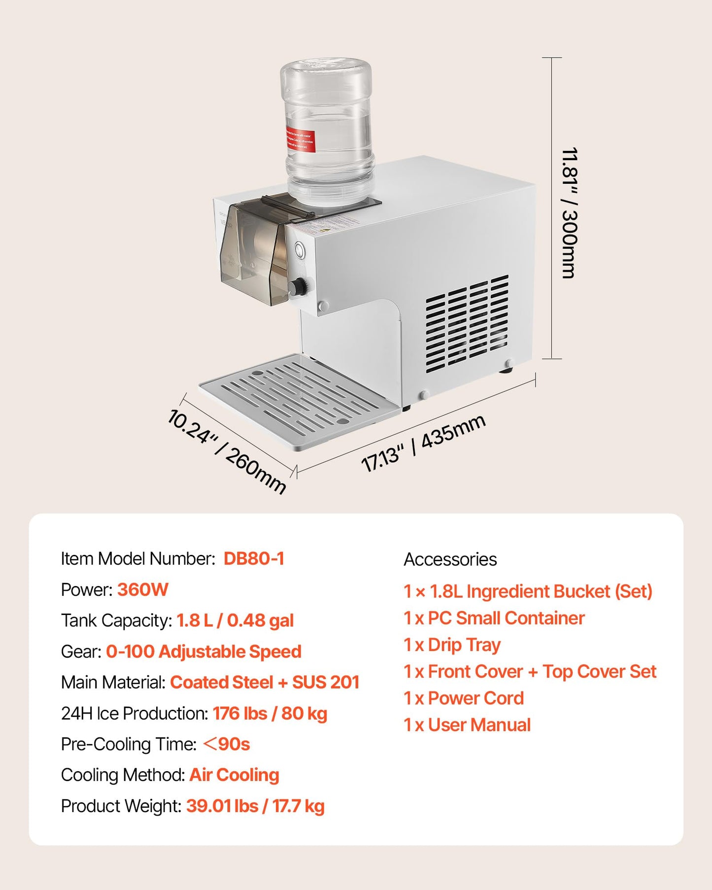 VEVOR Snowflake Ice Machine, 176LBS/24H Snowflake Ice Maker, Ice-Shaver Machine with Stainless Steel Blade, Electric Snow Cone Maker with 0.48Gal Tank, 90S Fast Pre-Cooling, for Home & Small Gathering
