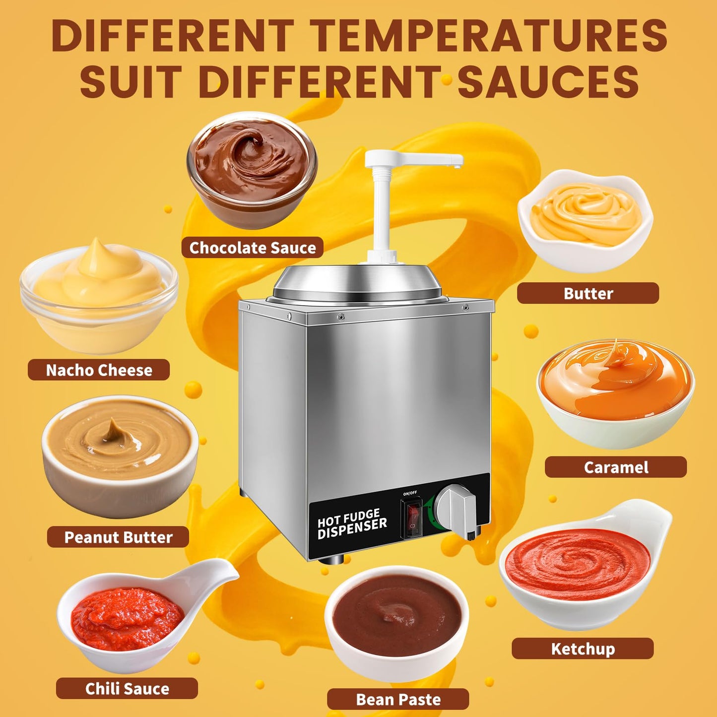 Julymoda Nacho Cheese Dispenser with Pump - 2.6QT Stainless Steel Cheese Warmer, Hot Fudge Warmer Machine with Temperature Control, Commercial Sauce Dispenser for Hot Milk, Hot Fudge, and Caramel