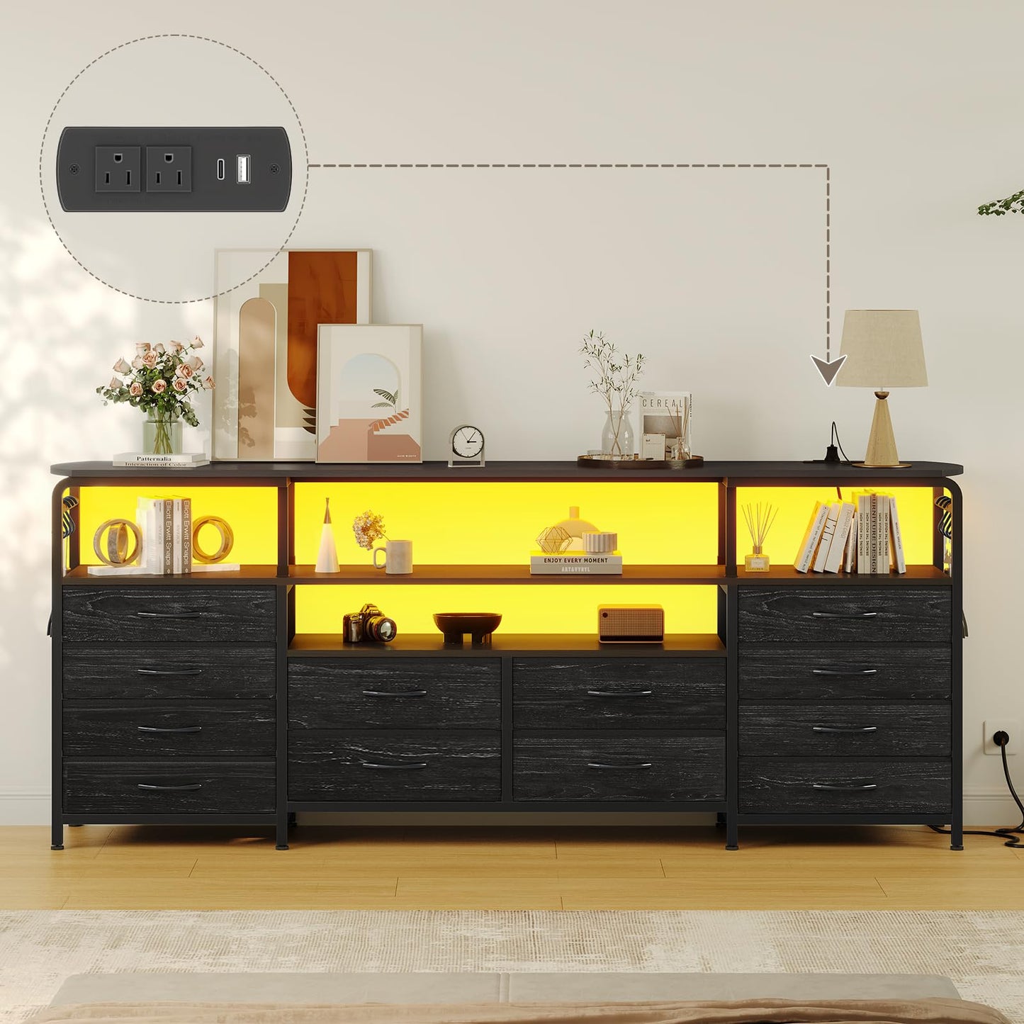 Dnxao 63 inch TV Stand Dresser for Bedroom - Black TV Stand with 12 Drawers, LED Lights & Charging Station | Dresser TV Stand with Storage, Open Shelves | Fits 55-70" TVs