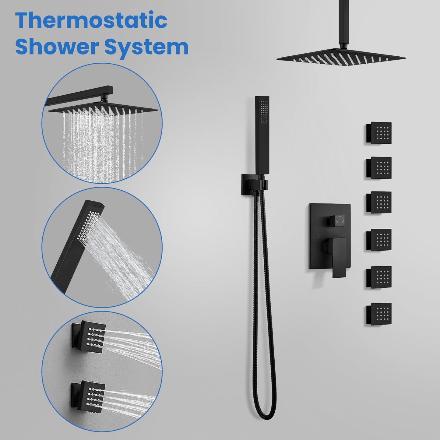 gotonovo Shower Faucet with Full Body Jets Rain Mixer 12 inch Rainfall Shower Head and Handheld Spray Combo Wall Mounted Rough-in Valve and Trim Included with 6pcs Body Message Jets Matte Black