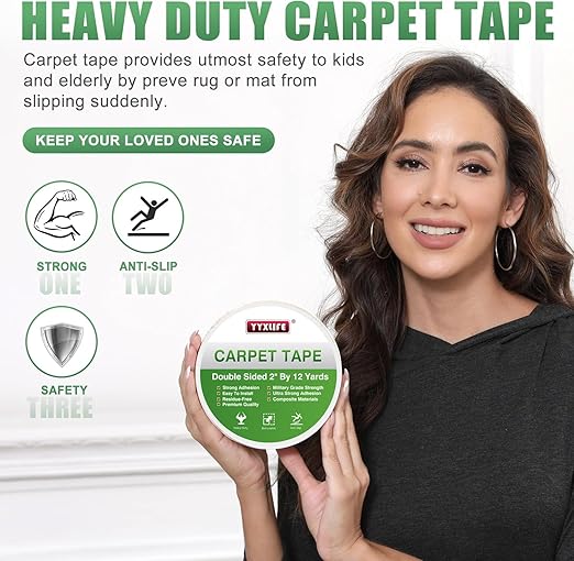 YYXLIFE Double Sided Carpet Tape for Hardwood Floors,Area Rugs Carpet Adhesive Removable Multi-Purpose Rug Tape Cloth Outdoor Steps,Heavy Duty Sticky Tape,2Inch x 12 Yards,Clean