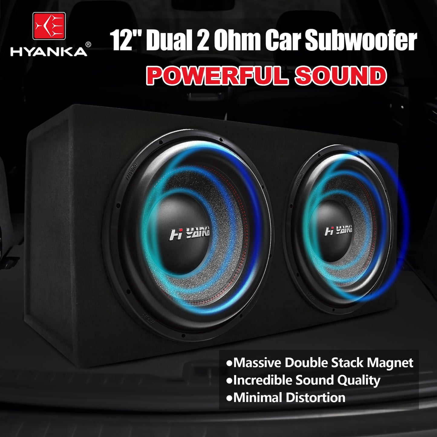 H YANKA 12 Inch Subwoofer - 1800W MAX, 2.5" Dual Voice Coil, Aluminum, Reddish Black