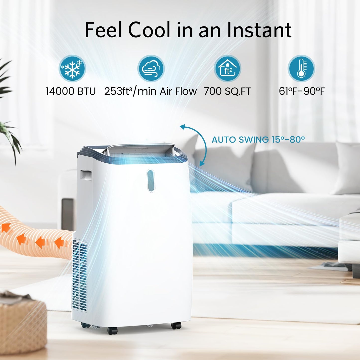 14000 BTU Portable Air Conditioner for Room up to 700 Sq.Ft, 4-in-1 AC Unit with Fan & Dehumidifier, Quiet Cooling, 24H Timer, Auto Louver, Window Kit for Bedroom Office Home