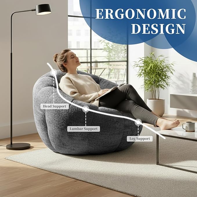 Giant Bean Bag Chair for Adults – Large Comfy Stuffed Sofa Seat with Spacious Design for Reading, Gaming, or Relaxing (Blue-Gray)