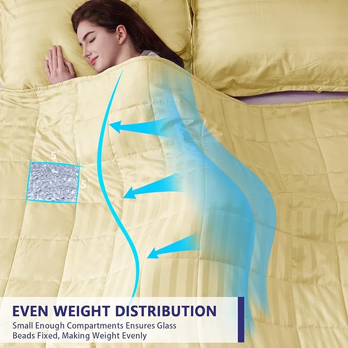 Weighted Blanket for Adults (15 lbs, 60" x 80", Mustard yellow Stripes) Heavy Blanket for Sleeping Perfect for 140-160 lbs, Queen Size Breathable Blanket with Premium Glass Bead, Machine Washable