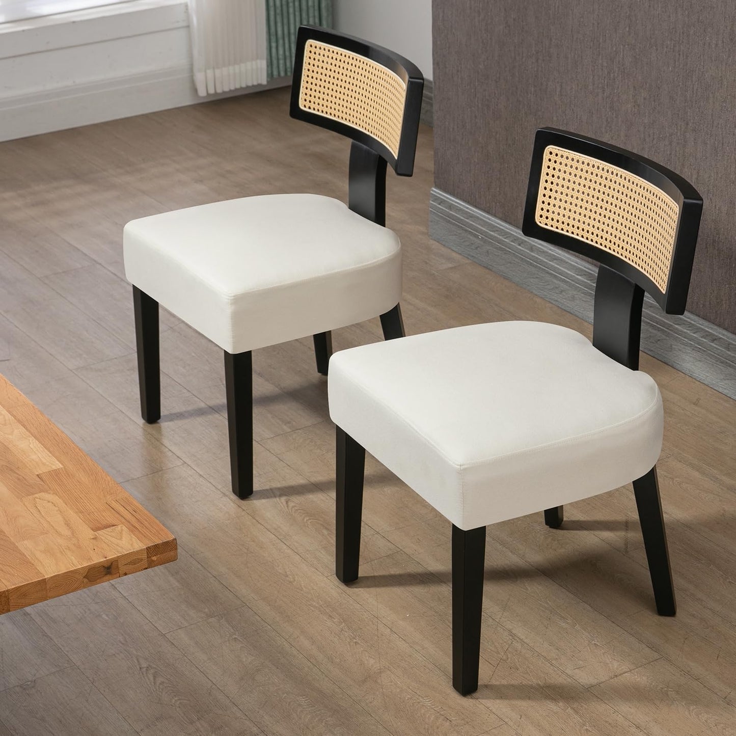 ZJhome Rattan Dining Chairs Set of 4, Mid-Century Modern Fabric Upholstered Dining Room Chairs with Black Hardwood Frame, Curved Backrest Kitchen Chair Armless Accent Chairs for Dining Room (Cream)