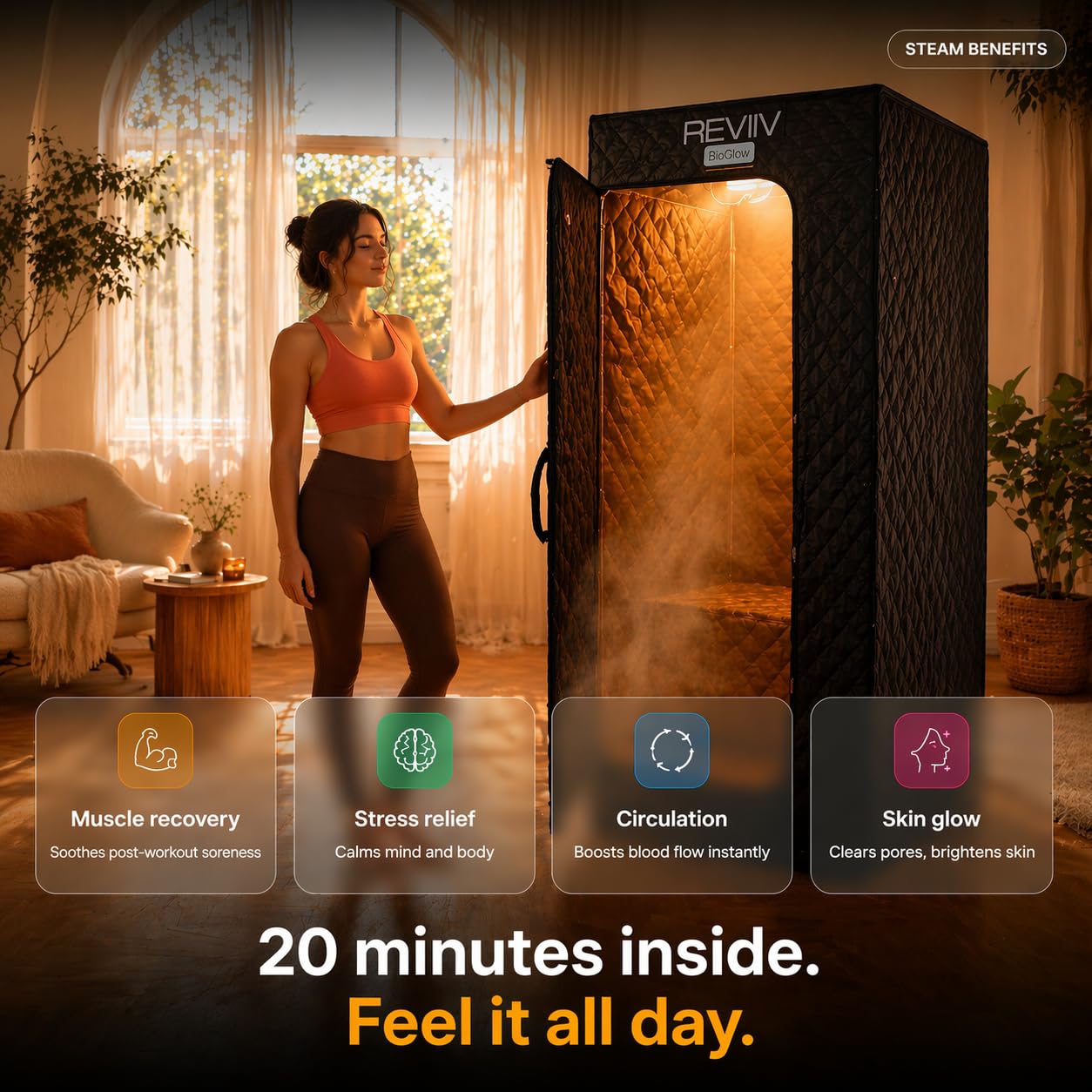 Portable Steam Sauna Box for Home, 1500W Full Body Personal Sauna Tent + Chair, Foldable, XL 71" (Fits 6'2"), 9 Heat Levels, Steam Sauna for Weight Loss, Muscle Recovery, Skin Health & Detox – BioGlow
