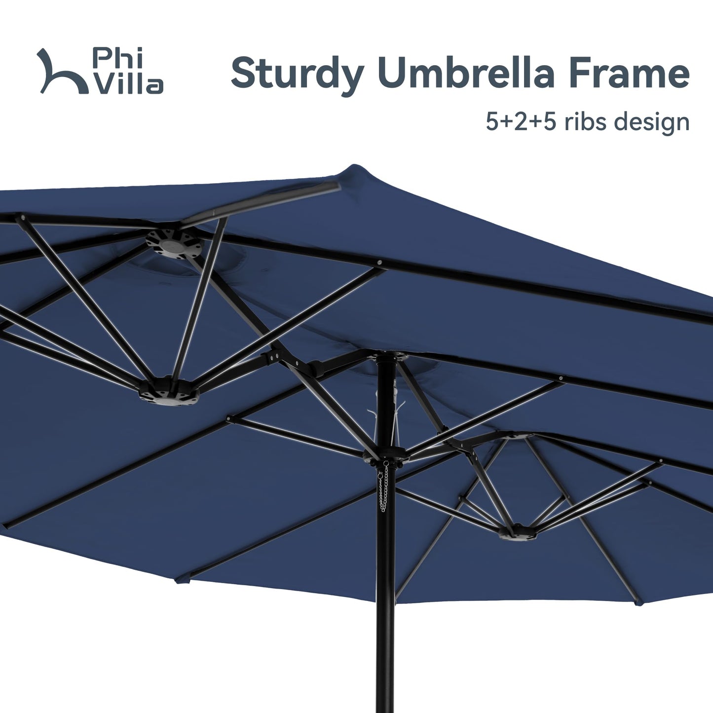 PHI VILLA 15ft Large Patio Umbrellas with Base Included, Outdoor Double-Sided Rectangle Market Umbrella with Crank Handle, for Pool Lawn Garden, Navy Blue
