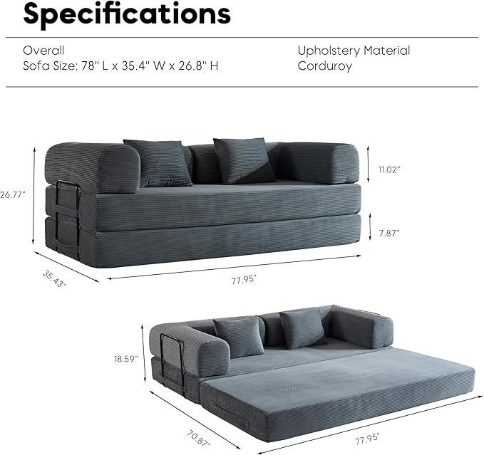 ZEIINPA Comfy Convertible Folding Mattress Couch, Floor Sofa Bed with Fixed-Shape Frame, Corduroy Floor Sofa with Armrest, Floor Sofa Lounge Couch for Living Room Bedroom Lounge Studio,Grey