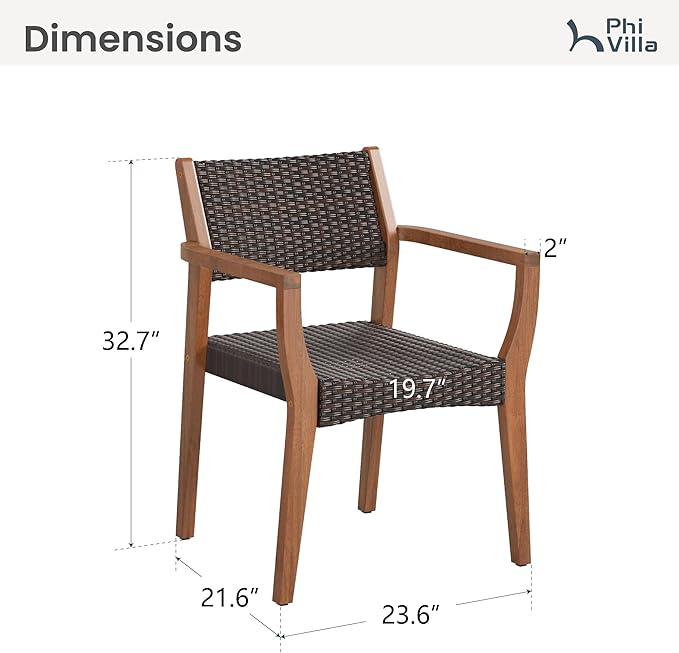PHI VILLA Outdoor Acacia Wood Chairs Set of 4, Heavy-Duty Dining Armchairs with Wicker Back & Seat, Farmhouse Style Teak Seating Furniture for Patio, Deck, Yard, Balcony, Garden