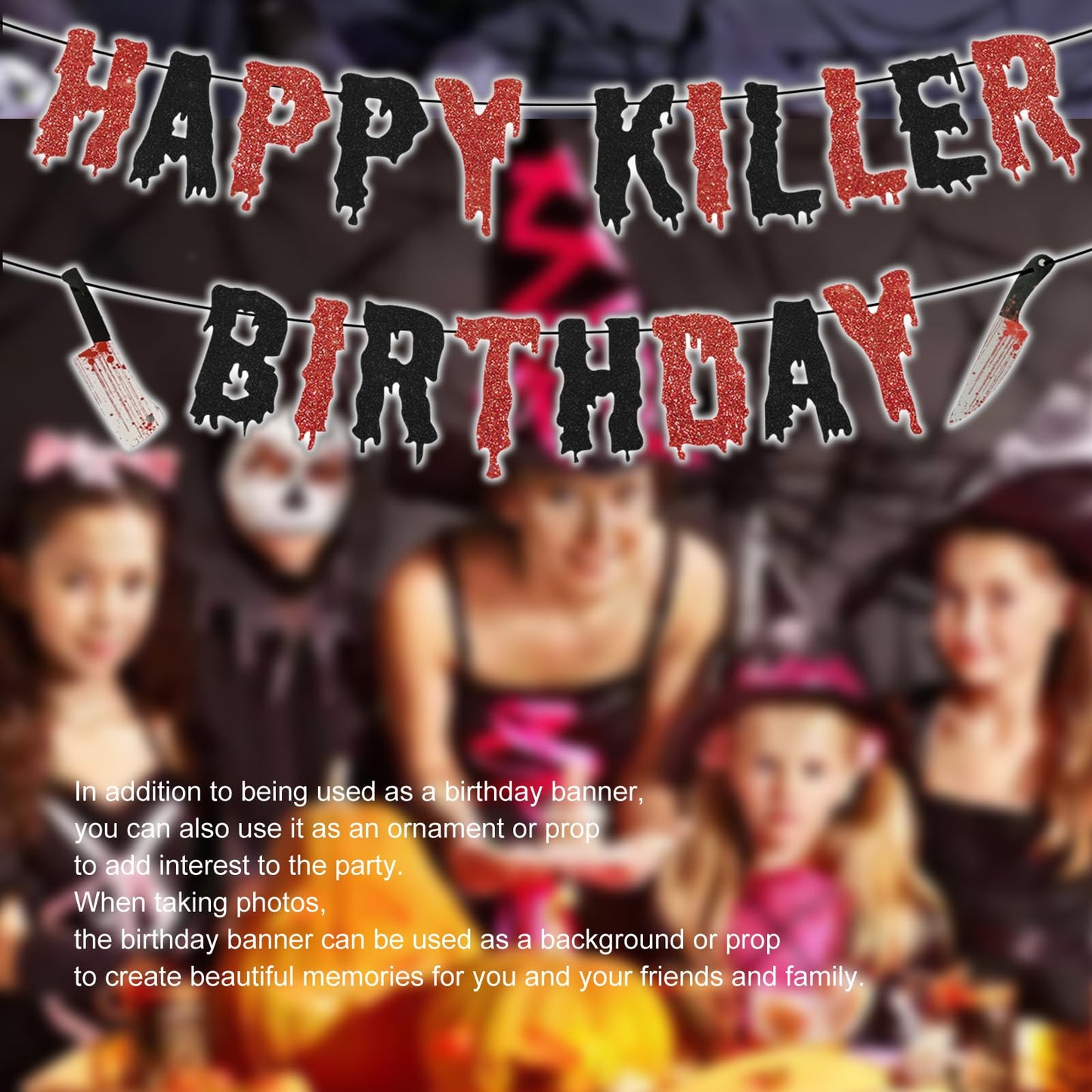 Halloween Happy Birthday Decoration,Pre-assembled Have A Killer Birthday Banner Glittery Red and Black Decor for Horror Spooky Themed Birthday Party