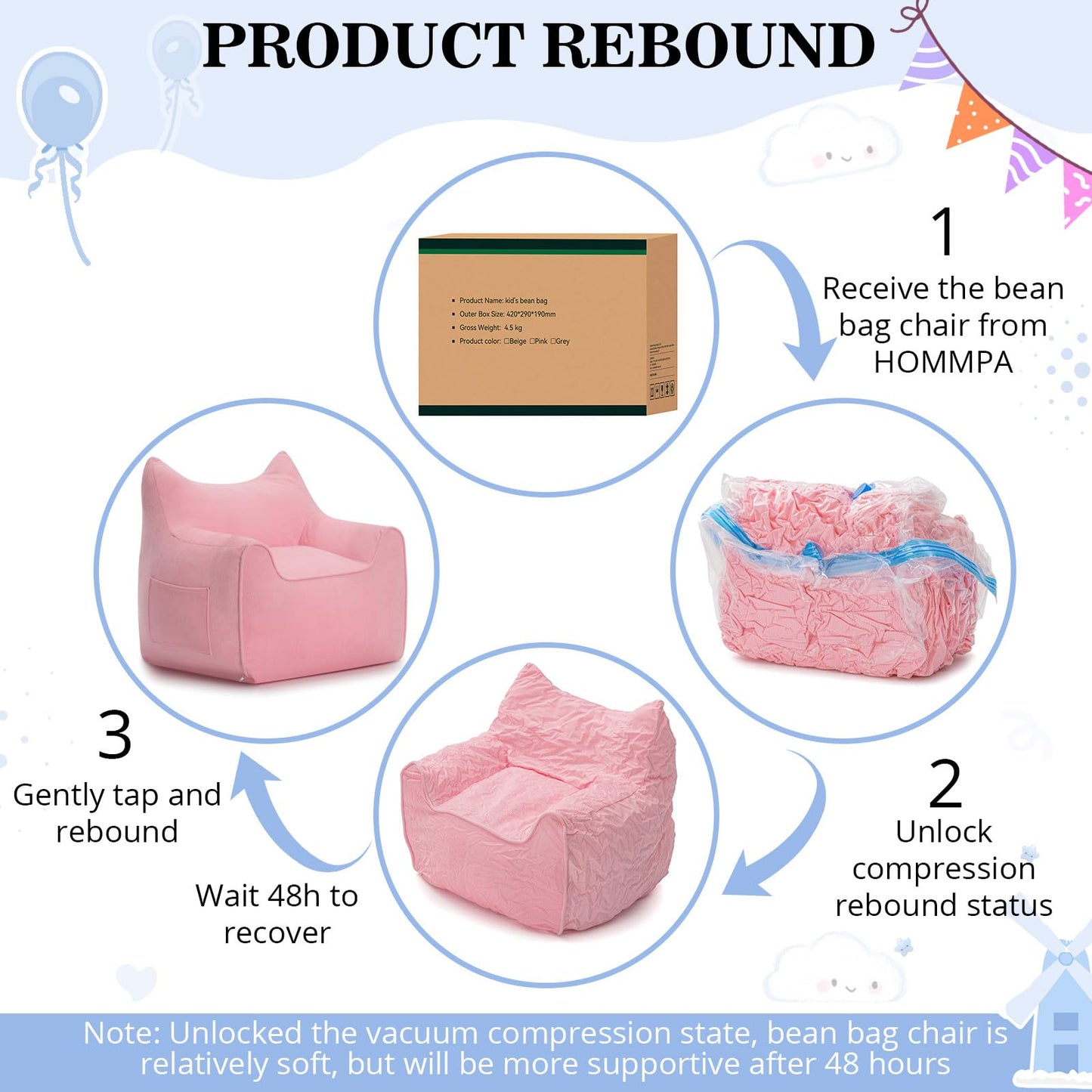 HOMMPA Kids Bean Bag Chair Stuffed Toddler Bean Bag Sofa with Pocket Filler Bean Bag Chair for Kids Boys and Girls Baby Lazy Floor Sofa Chair for Gaming Reading Playing Pink