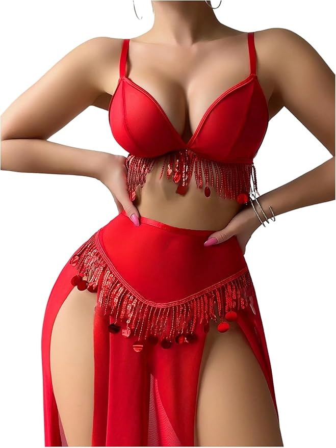 OYOANGLE Women's Sequin Lingerie Rave Outfits for Festival High Waist Split Maxi Skirt Set