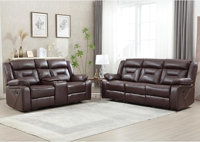 EBELLO Manual Recliner Sofa Set, Faux Leather Reclining Living Room Furniture Set, Included Loveseat and 3 Seat Manual Recliner Sofa, Dark Brown(Loveseat+Sofa)