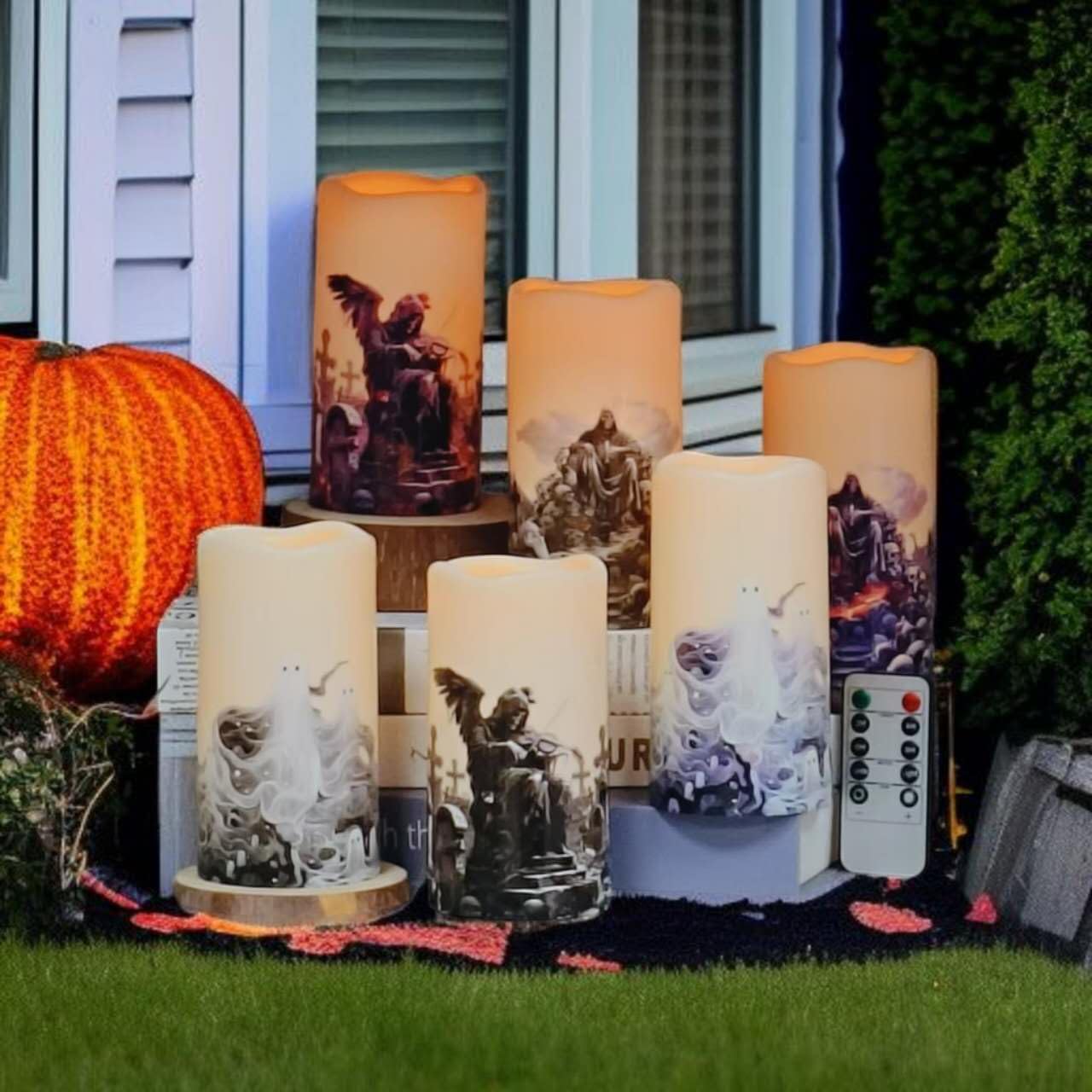 Gothic Style Weatherproof Fall Halloween Decorations LED Flameless Candles with Remote Control Timer Function 2AA Battery Operated, 3" Diameter5.7 Height, Outdoor/Indoor Use, Set of 6