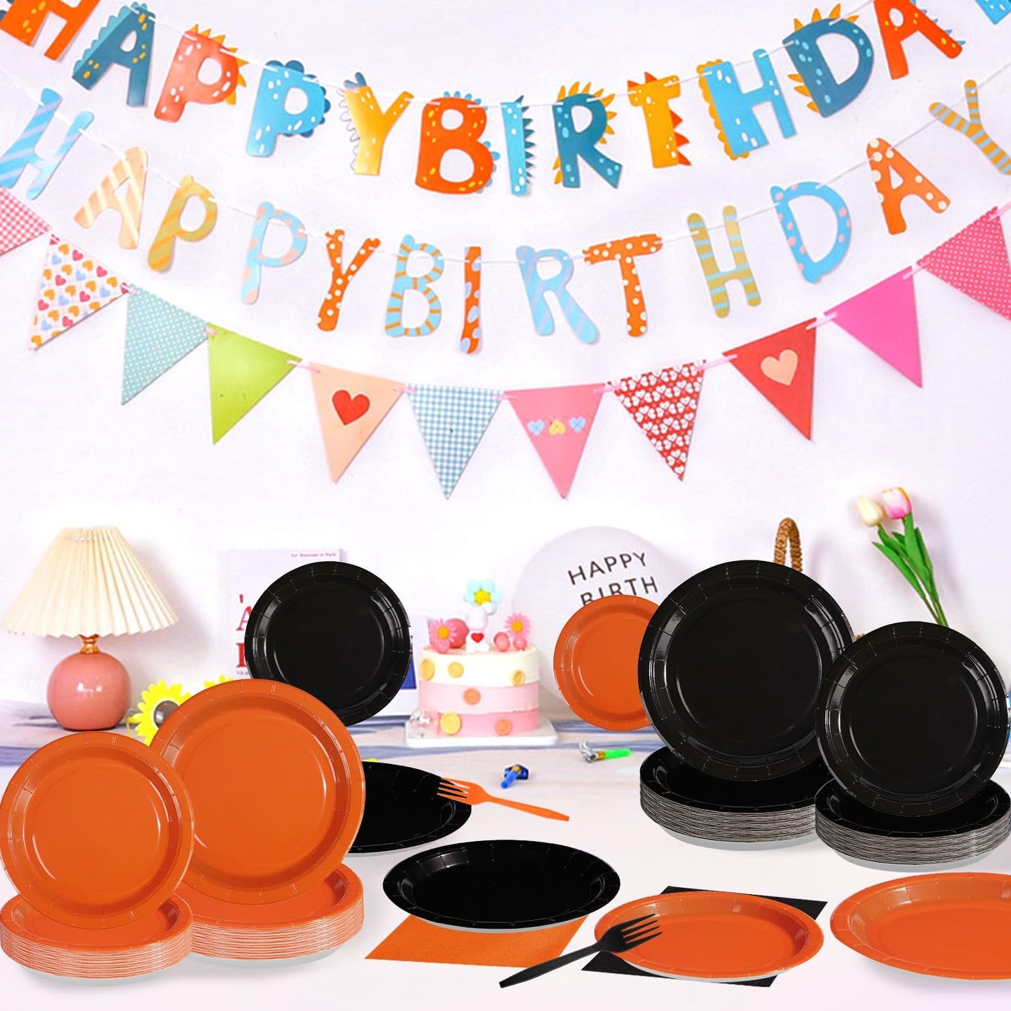 Grencian 96Pcs Orange and Black Party Decorations Orange and Black Plates and Napkins Disposable Paper Tableware Set for Birthday Wedding Baby Shower Fall Harvest Halloween Party Supplies, Serves 24
