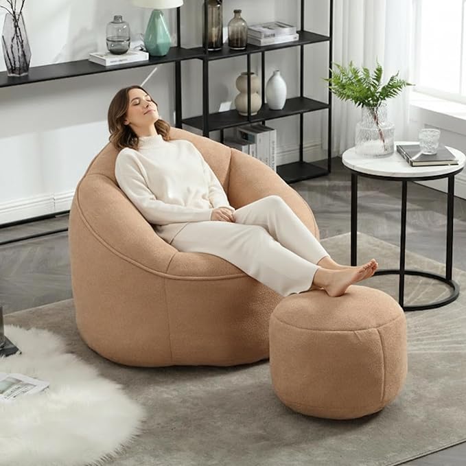 Bean Bag Chairs, Gaint Bean Bag Couch with Memory Foam for Adults and Kids, Microfiber Upholstered Sofa with Ottoman, Comfy Lazy Bean Bag Reading Chair for Living Room