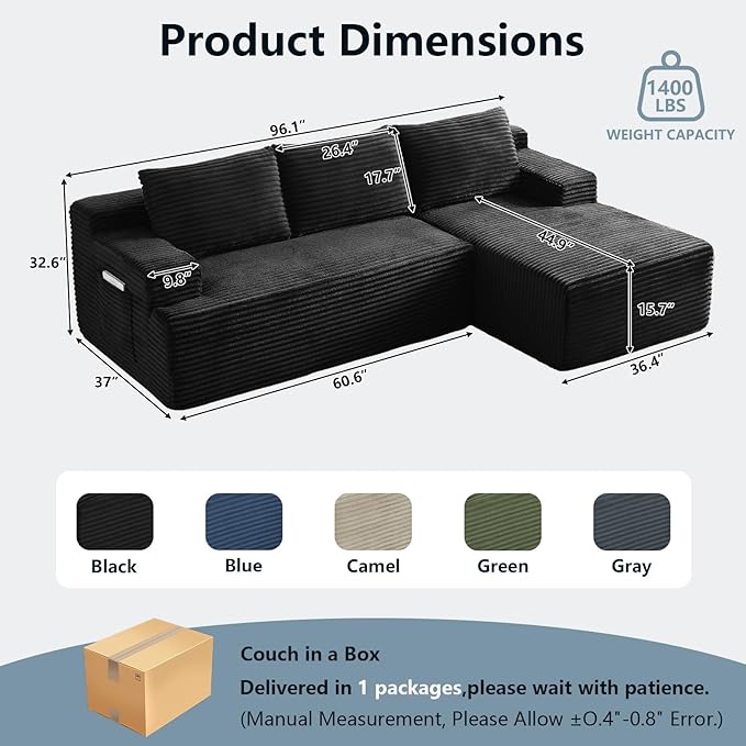 96" Cloud Sectional Couch with L-Shape Chaise, Modern Corduroy Boneless Couch for Living Room,Memory Foam Sofa with Deep Seat,No Assembly Required (Black,Right-Facing Chaise)