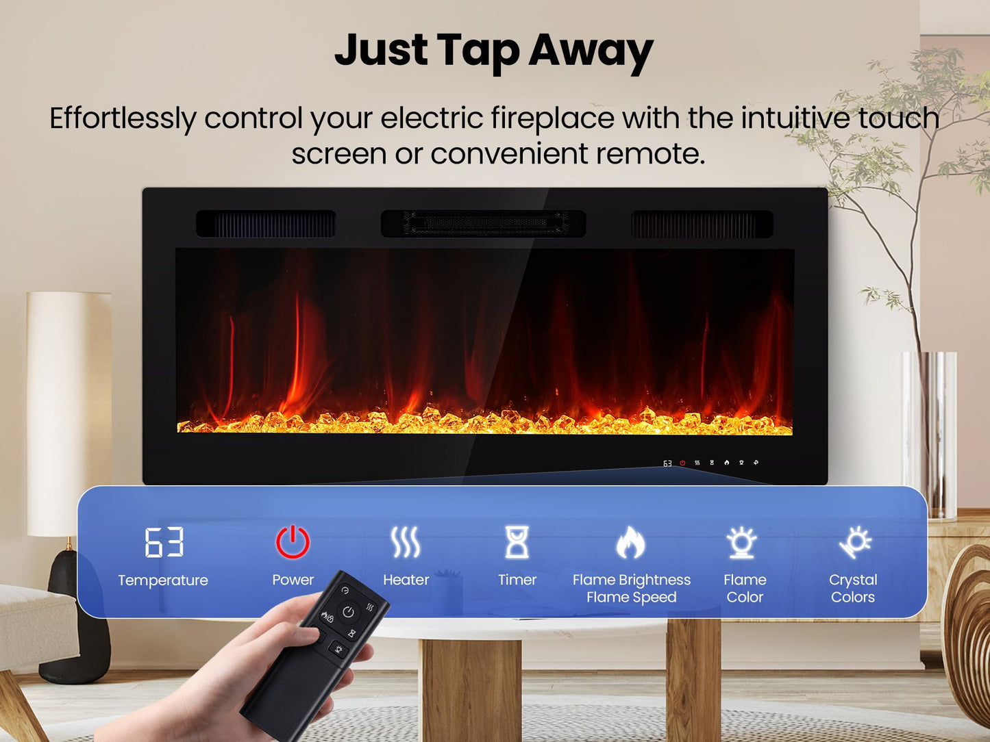 Electric Fireplace 50 Inch Wall Mount Insert Fireplaces Realsmart 1500W,Fit for 2 X 6 stub,Ultra-Thin Heater Ultra-Thin with 3 Heating Modes Timer 12 Adjustable Flame Colors Touch Remote Control
