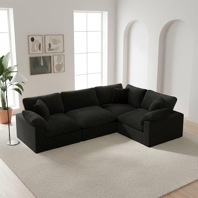 Forest aesthetics Modular Sectional Sofa, 4 Seater Cloud Couch,Down Filled Comfy Cloud Modern Sofa,Black Linen Oversized Couch Cushion Covers Removable for Living Room