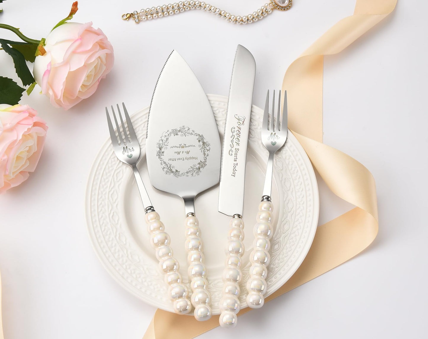 BEKESIN Wedding Cake Knife and Server Set,Ceramic Pearl Handle Cake Cutting Set for Weddings, Engagements, Anniversaries, and Engagement Gifts for Couples