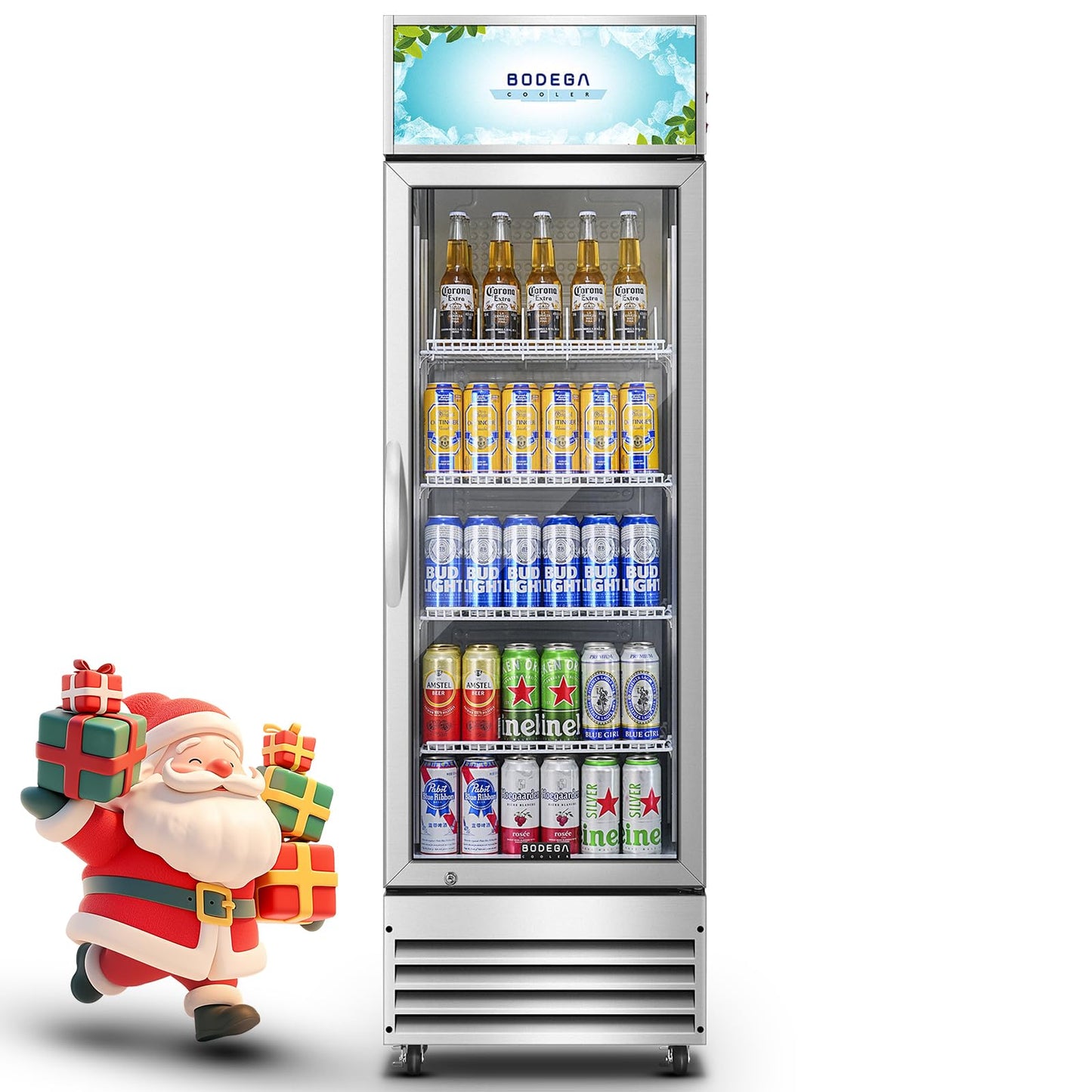 BODEGACOOLER Commercial Merchandiser Refrigerator, 9 Cu.Ft Glass Door Beverage Refrigerator, Upright Beverage Display Cooler with Soft LED Light, Adjustable Shelves, 4 Strong Castors(Stainless Steel)