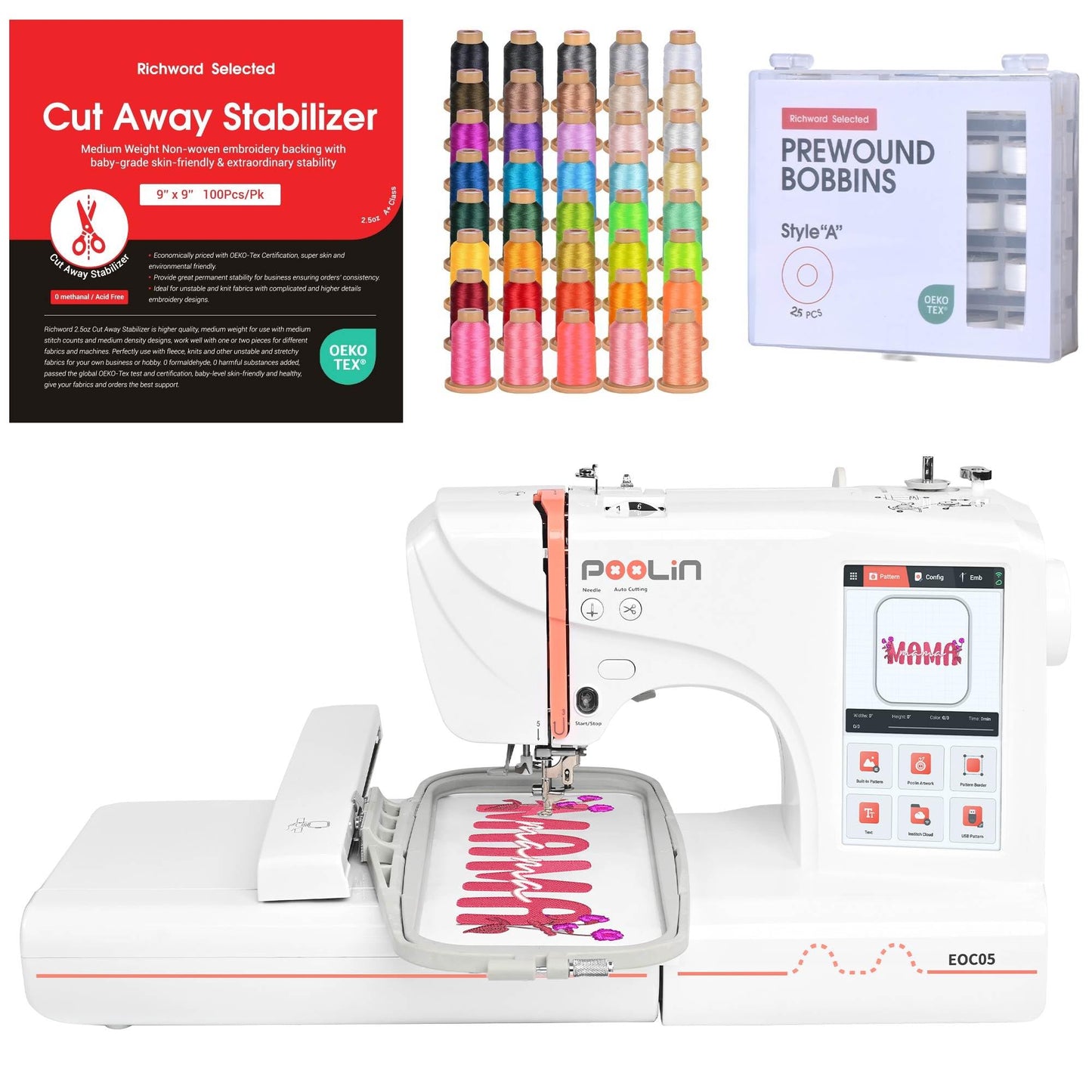 PooLin EOC05 Advanced Plus Bundle with 40 Thread Spools, 25 Bobbins & Cut-Away Stabilizer Sheets for Home Embroidery