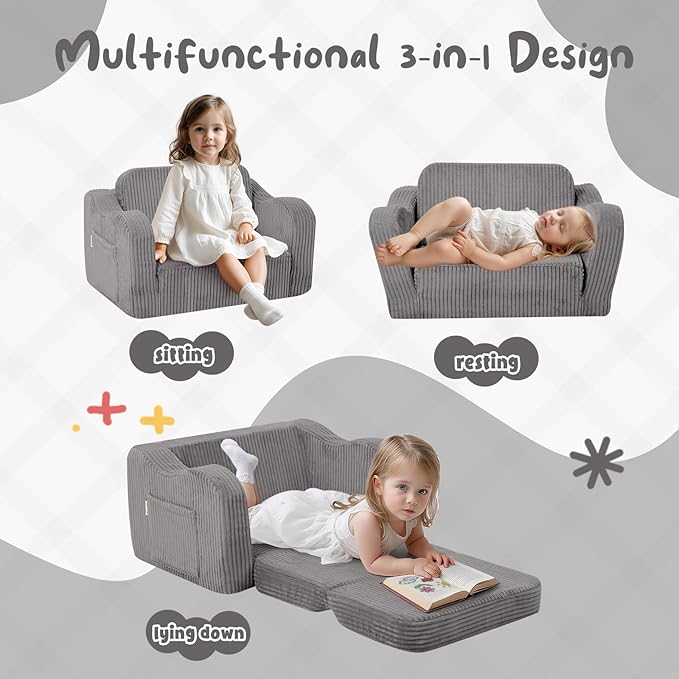 MeMoreCool Toddler Chair Comfy for 1-3 Years Old, Corduroy Kids Couch Bed Fold Out, 2-in-1 Foldable Baby Lounge Chair, Pull Out Children Sofa Bed, Light Grey