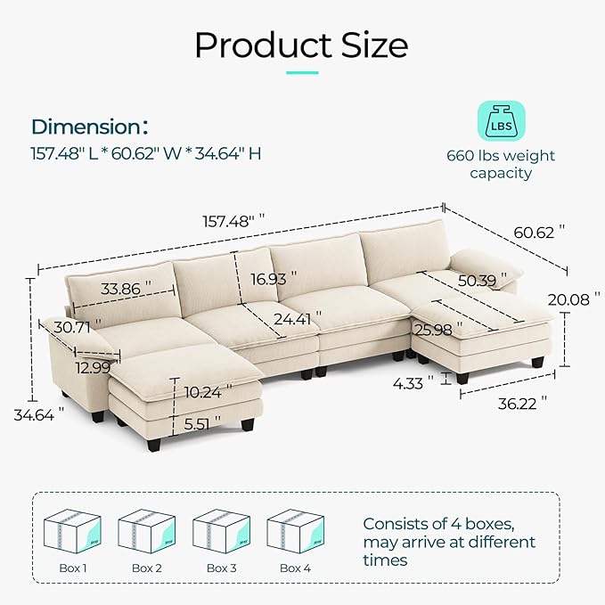 LINSY HOME 157'' Modular Sectional Sofa Beige Couch Corduroy Cloud Couches for Living Room, U Shaped Couch with Movable Ottoman, Modern Cloud Sectional Sofas for Bedroom and Apartment, Beige