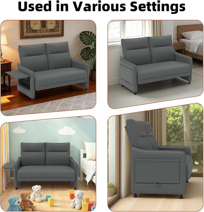 Tbillionnext Faux Leather Loveseat, Upholstered Loveseat with Hidden Foldable Tray & Side Pocket, Rear Contour Arm Design, Modern 2-Seater Sofa Couch for Small Spaces, Bedroom, Gray