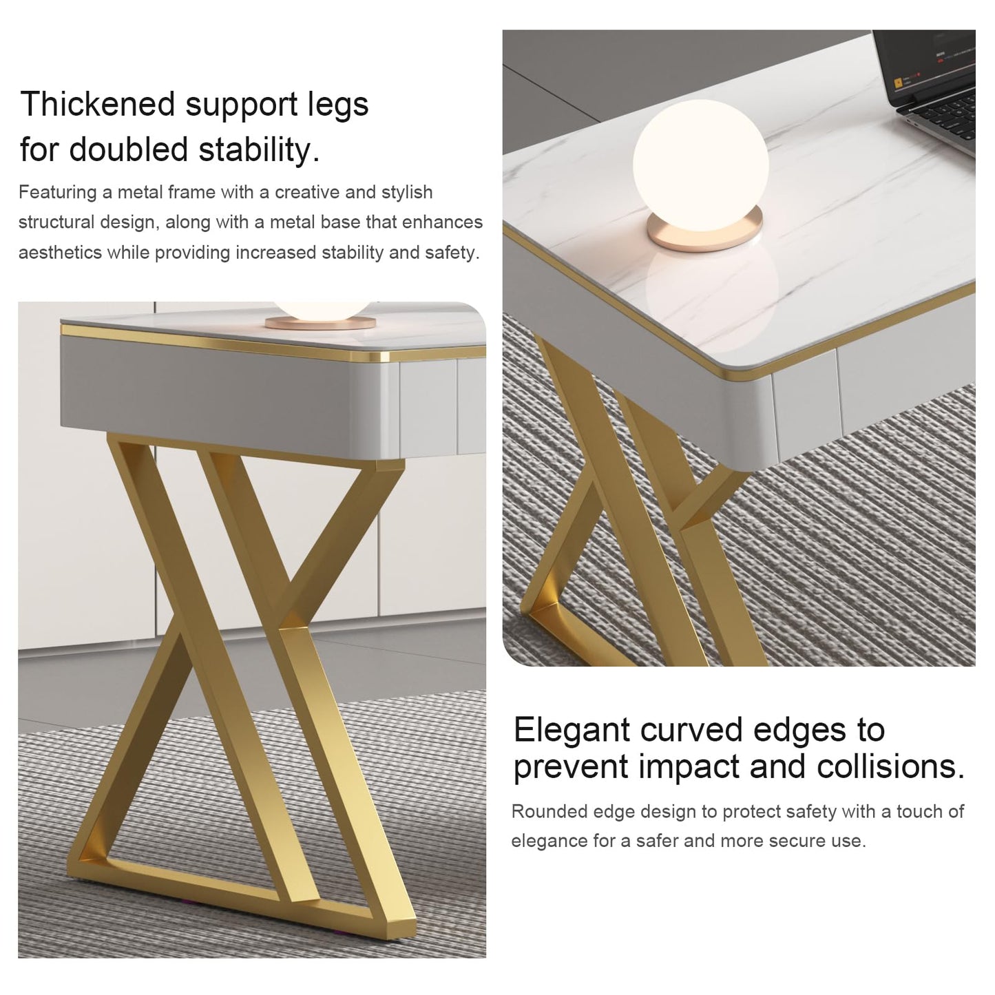 Dongge Modern Office Computer Desk with Tempered Glass Top & Marble Pattern, White Wooden Gaming Desk with Drawers, Thick Lacquered Writing Desk for Home Office, Bedroom and Living Room (XZ-104)