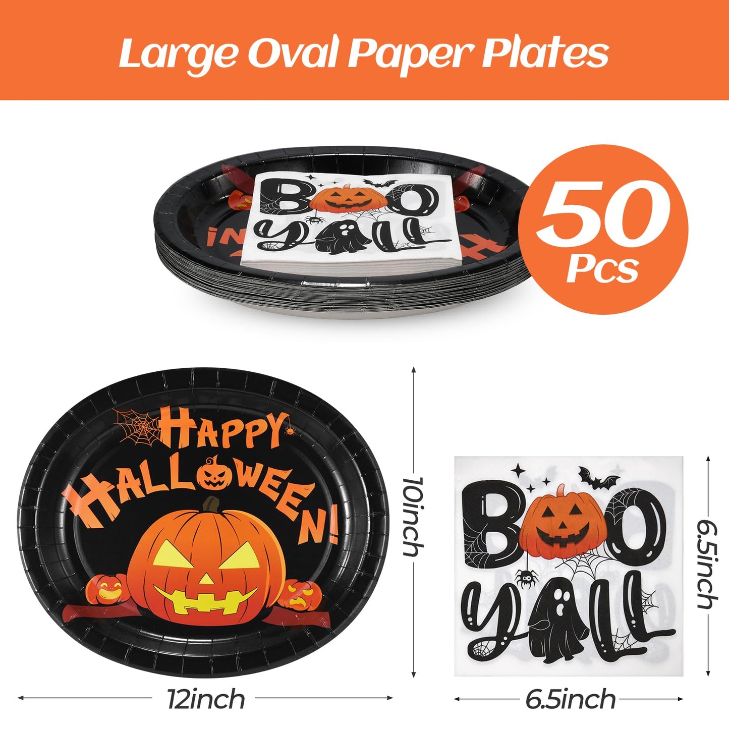 FATLBSEV 50Pcs Halloween Oval Paper Plates and Napkins Sets -10" x 12" Large Disposable Party Plates and 6.5'' Napkins for Halloween Party Supplies