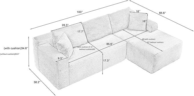 Vanress Cloud Couch Sectional, Corduroy Boneless Couch with L-Shape Chaise, Modern Modular Sectional Sofa Comfy Deep Seat for Living Room, Bedroom, No Assembly (Blue, Right Facing Chaise)