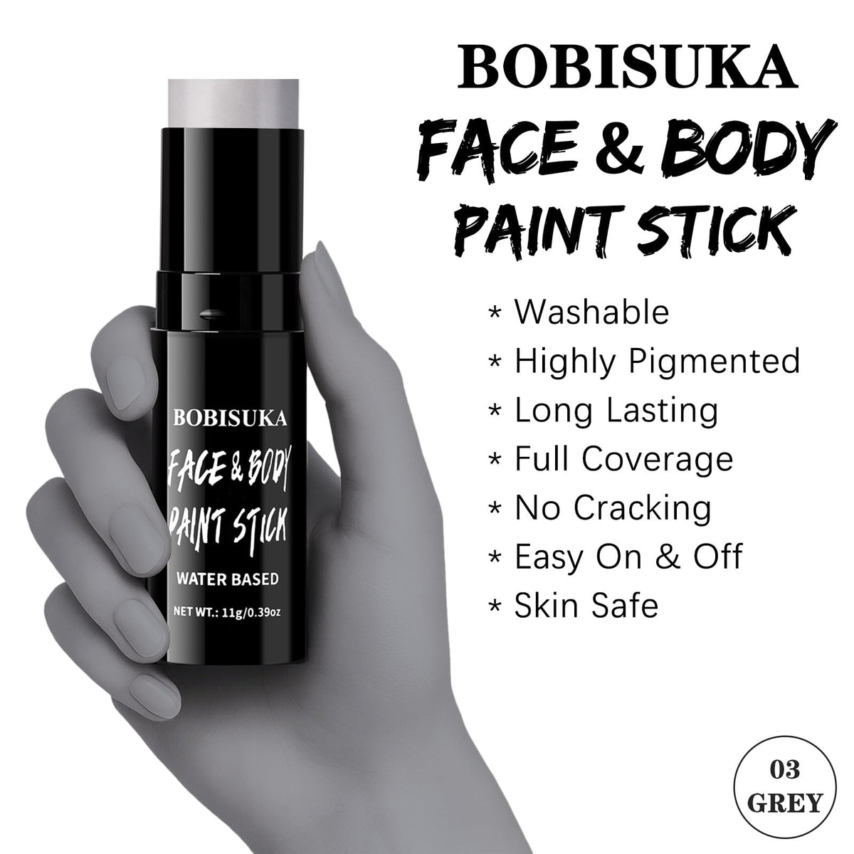 BOBISUKA Grey Face & Body Paint Stick Water-Based Washable Face Paint Makeup Stick for Halloween Skeleton, Skull, Zombie, Vampir