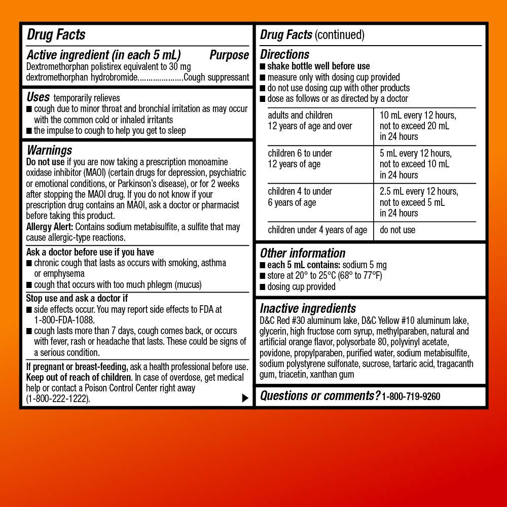 Amazon Basic Care 12 Hour Cough DM Syrup, Extended-Release Dextromethorphan, Orange Flavor Liquid Medicine, 5 fl oz (Pack of 2)