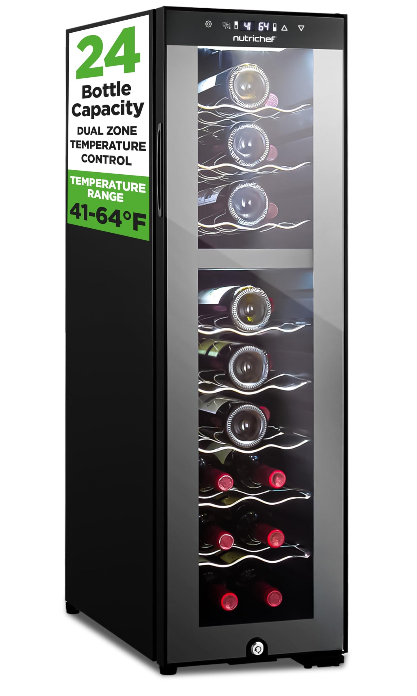 Nutrichef 24 Bottle Wine Fridge | Dual Zone Wine Chiller | Adjustable Temperature 41°F to 64°F | Ultra Quiet Operation | Wine Cooler For Home, & Office | Free Standing 39x11x23 IN (Black)