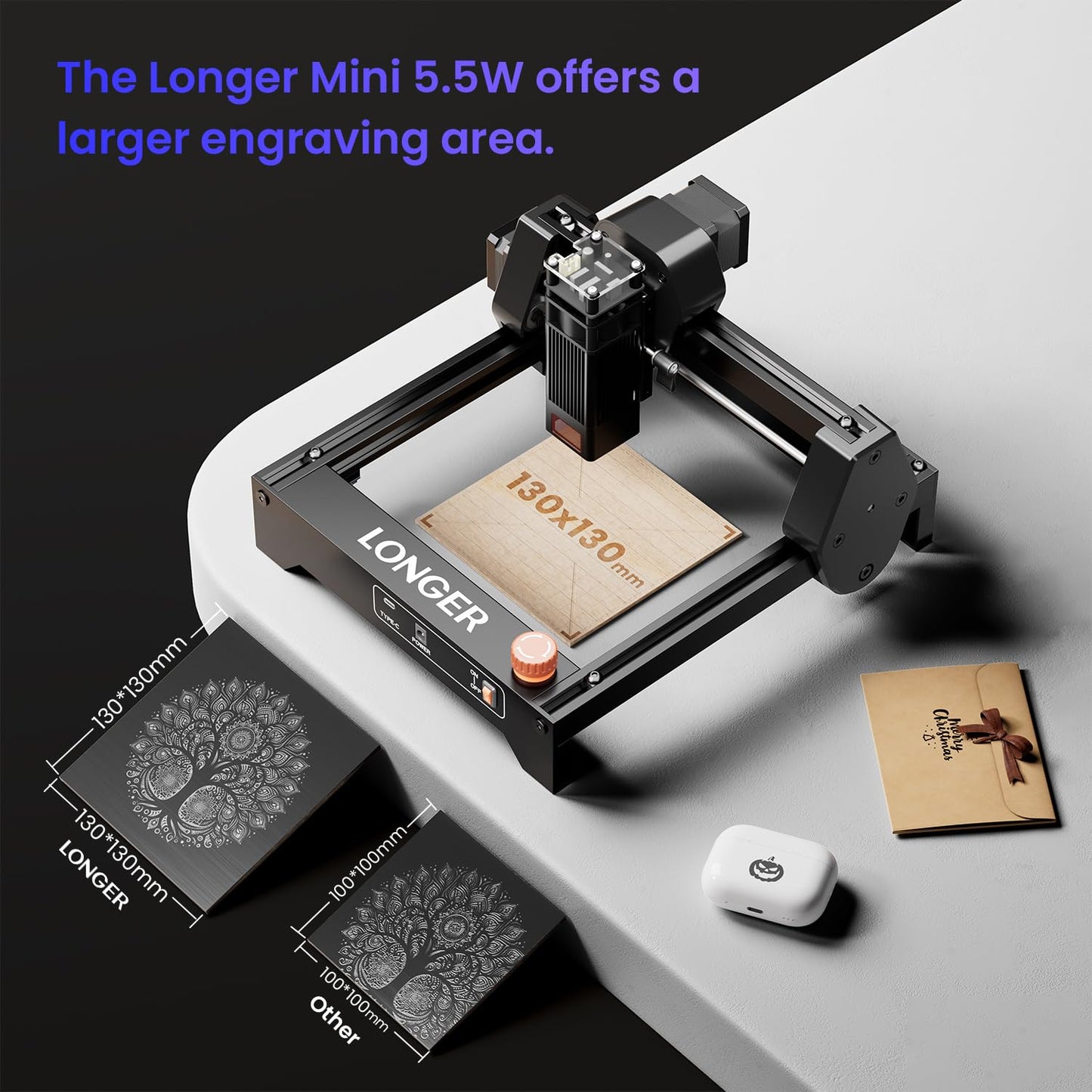 LONGER Ray5 Mini Laser Engraver, 5.5W Portable Laser Engraver & Cutter, 12000mm/min High-Speed, for Wood, Acrylic, Glass & Leather, 130x130mm Work Area, Ideal for Small Business & DIY, WiFi Compatible