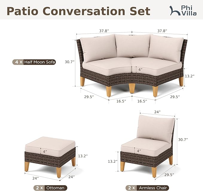 PHI VILLA 8-Piece Wicker Patio Furniture Set, Outdoor Half-Moon Curved Sectional Sofa with Cushions, 2 Ottomans, Large Conversation Seating for Garden or Backyard, Beige